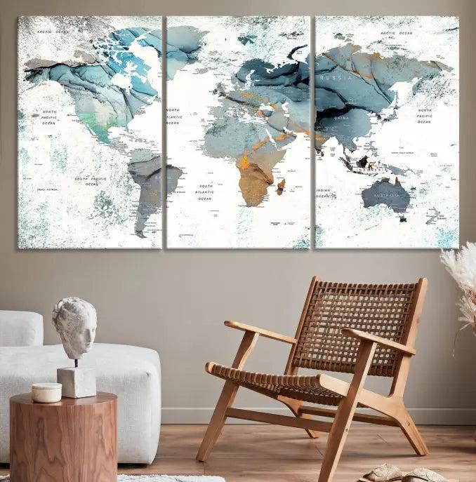 A *World Map Wall Art Canvas Print* featuring three panels is displayed on a dark wall. Crafted with museum-quality canvases and UV-protective coating for durability, this timeless piece is ready to enhance any room.