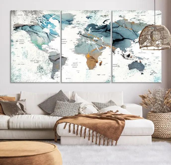 A *World Map Wall Art Canvas Print* featuring three panels is displayed on a dark wall. Crafted with museum-quality canvases and UV-protective coating for durability, this timeless piece is ready to enhance any room.