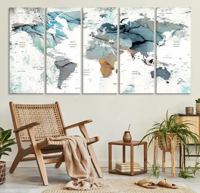 A *World Map Wall Art Canvas Print* featuring three panels is displayed on a dark wall. Crafted with museum-quality canvases and UV-protective coating for durability, this timeless piece is ready to enhance any room.