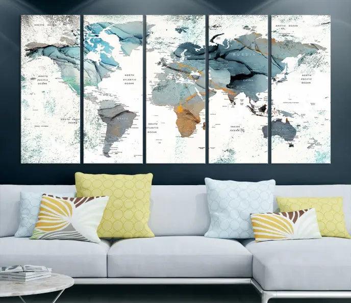 A *World Map Wall Art Canvas Print* featuring three panels is displayed on a dark wall. Crafted with museum-quality canvases and UV-protective coating for durability, this timeless piece is ready to enhance any room.