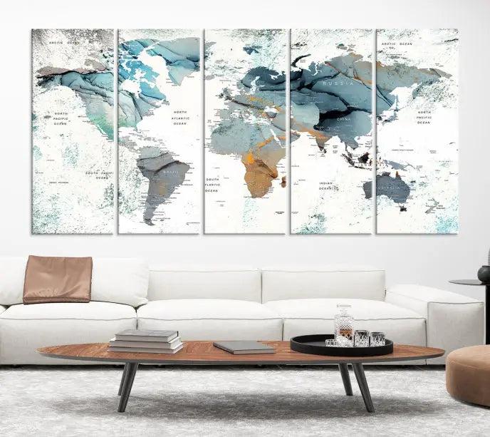 A *World Map Wall Art Canvas Print* featuring three panels is displayed on a dark wall. Crafted with museum-quality canvases and UV-protective coating for durability, this timeless piece is ready to enhance any room.