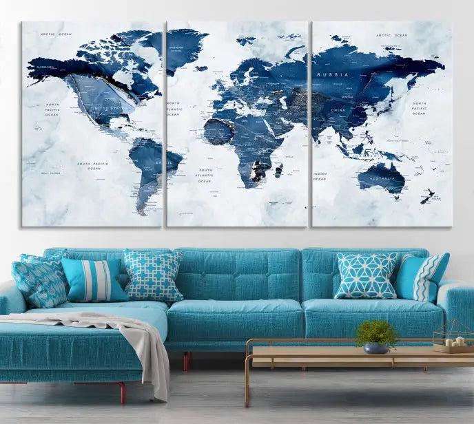 World Map Wall Art Canvas Print featuring blue continents on a textured backdrop, crafted with museum-quality polycotton and gallery-wrapped.