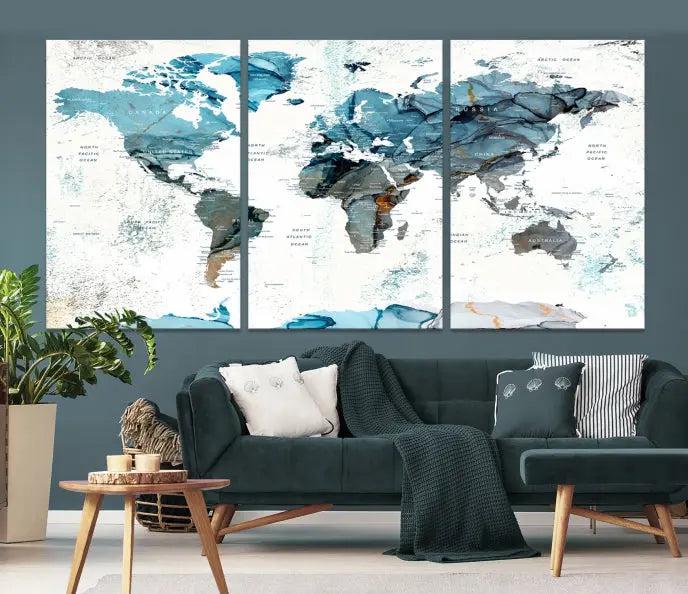 The World Map Wall Art Canvas Print, featuring a three-panel design with blue tones on museum-quality canvas, brings elegance to the room. This gallery-wrapped piece enhances the space with its sophisticated aesthetic.