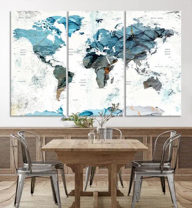 The World Map Wall Art Canvas Print, featuring a three-panel design with blue tones on museum-quality canvas, brings elegance to the room. This gallery-wrapped piece enhances the space with its sophisticated aesthetic.