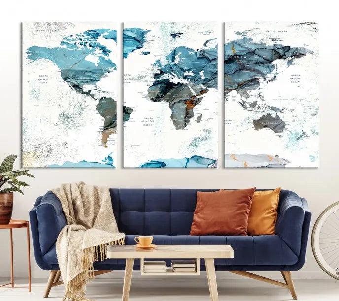 The World Map Wall Art Canvas Print, featuring a three-panel design with blue tones on museum-quality canvas, brings elegance to the room. This gallery-wrapped piece enhances the space with its sophisticated aesthetic.