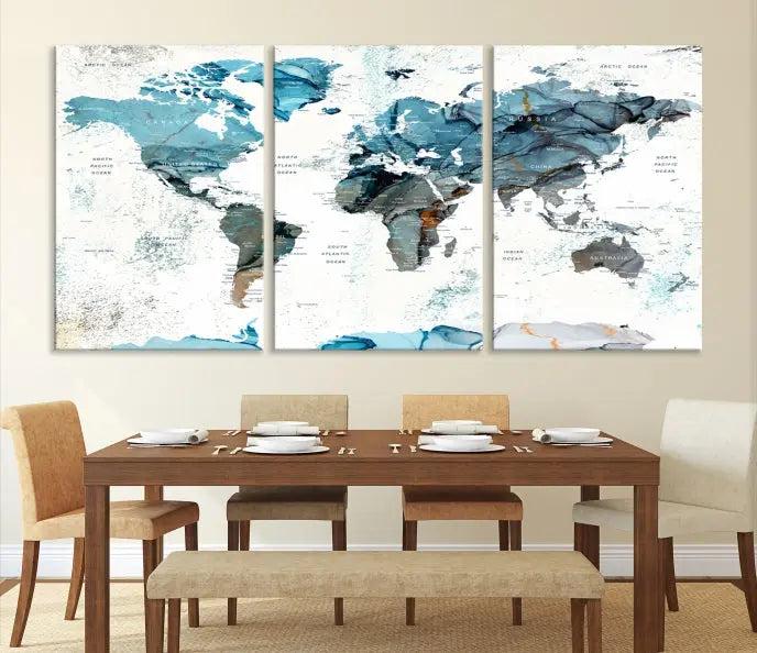 The World Map Wall Art Canvas Print, featuring a three-panel design with blue tones on museum-quality canvas, brings elegance to the room. This gallery-wrapped piece enhances the space with its sophisticated aesthetic.