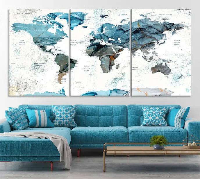 The World Map Wall Art Canvas Print, featuring a three-panel design with blue tones on museum-quality canvas, brings elegance to the room. This gallery-wrapped piece enhances the space with its sophisticated aesthetic.