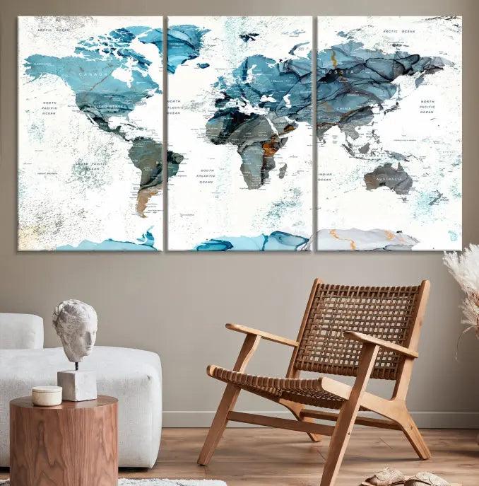 The World Map Wall Art Canvas Print, featuring a three-panel design with blue tones on museum-quality canvas, brings elegance to the room. This gallery-wrapped piece enhances the space with its sophisticated aesthetic.