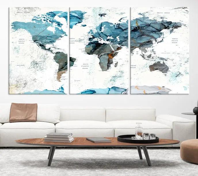 The World Map Wall Art Canvas Print, featuring a three-panel design with blue tones on museum-quality canvas, brings elegance to the room. This gallery-wrapped piece enhances the space with its sophisticated aesthetic.