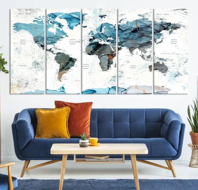 The World Map Wall Art Canvas Print, featuring a three-panel design with blue tones on museum-quality canvas, brings elegance to the room. This gallery-wrapped piece enhances the space with its sophisticated aesthetic.