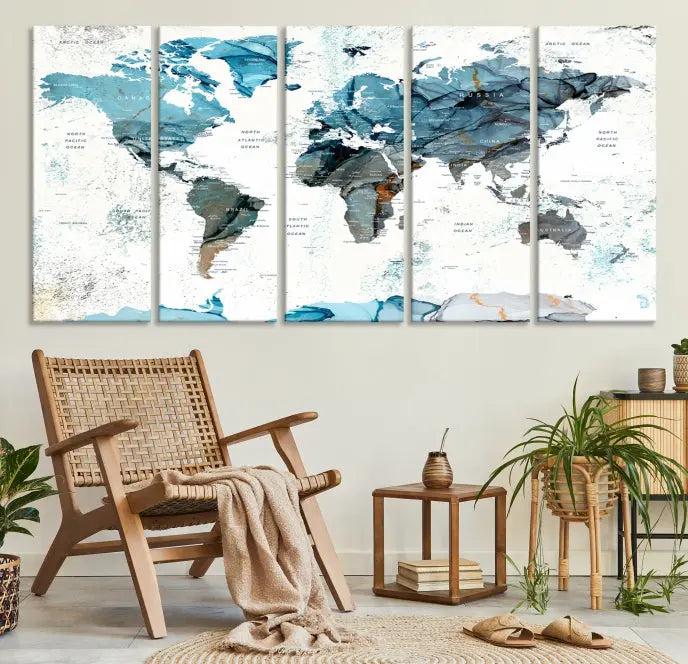 The World Map Wall Art Canvas Print, featuring a three-panel design with blue tones on museum-quality canvas, brings elegance to the room. This gallery-wrapped piece enhances the space with its sophisticated aesthetic.