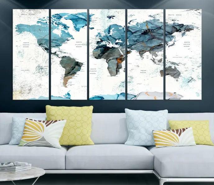 The World Map Wall Art Canvas Print, featuring a three-panel design with blue tones on museum-quality canvas, brings elegance to the room. This gallery-wrapped piece enhances the space with its sophisticated aesthetic.