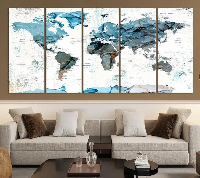 The World Map Wall Art Canvas Print, featuring a three-panel design with blue tones on museum-quality canvas, brings elegance to the room. This gallery-wrapped piece enhances the space with its sophisticated aesthetic.