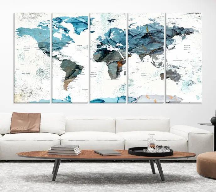 The World Map Wall Art Canvas Print, featuring a three-panel design with blue tones on museum-quality canvas, brings elegance to the room. This gallery-wrapped piece enhances the space with its sophisticated aesthetic.