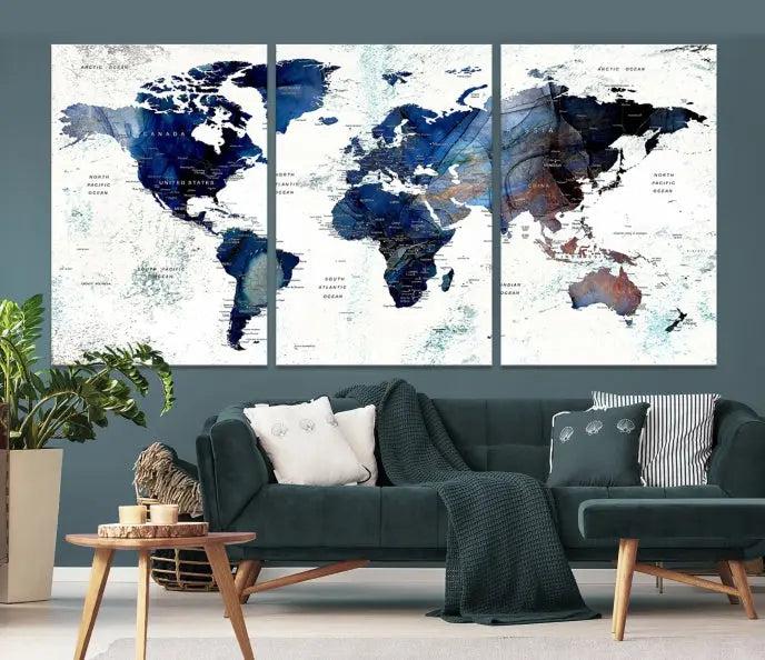 A captivating triptych titled "World Map Wall Art Canvas Print," featuring a museum-quality canvas with UV-protective coating, elegantly adorns the wall. Ready to hang, it enhances the room's sophistication.