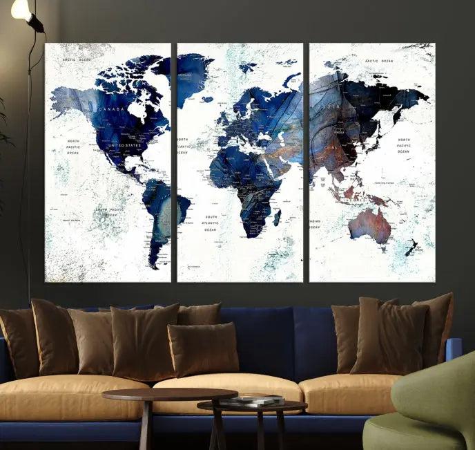 A captivating triptych titled "World Map Wall Art Canvas Print," featuring a museum-quality canvas with UV-protective coating, elegantly adorns the wall. Ready to hang, it enhances the room's sophistication.