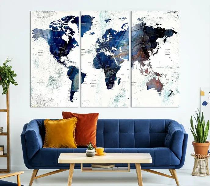 A captivating triptych titled "World Map Wall Art Canvas Print," featuring a museum-quality canvas with UV-protective coating, elegantly adorns the wall. Ready to hang, it enhances the room's sophistication.