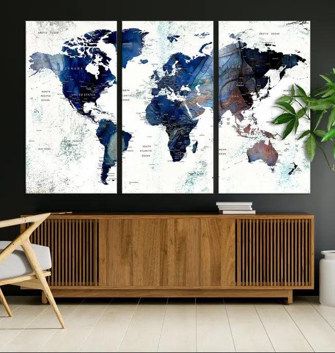 A captivating triptych titled "World Map Wall Art Canvas Print," featuring a museum-quality canvas with UV-protective coating, elegantly adorns the wall. Ready to hang, it enhances the room's sophistication.