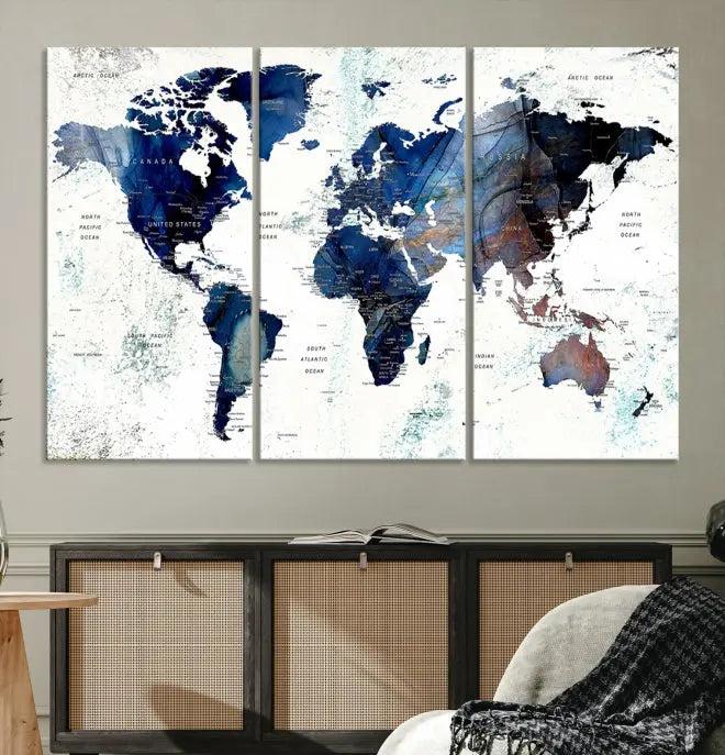 A captivating triptych titled "World Map Wall Art Canvas Print," featuring a museum-quality canvas with UV-protective coating, elegantly adorns the wall. Ready to hang, it enhances the room's sophistication.