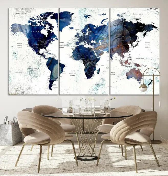 A captivating triptych titled "World Map Wall Art Canvas Print," featuring a museum-quality canvas with UV-protective coating, elegantly adorns the wall. Ready to hang, it enhances the room's sophistication.