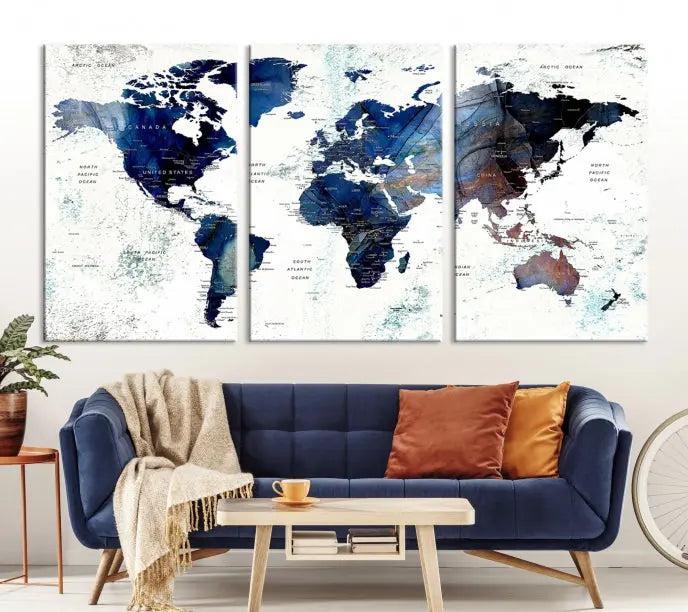 A captivating triptych titled "World Map Wall Art Canvas Print," featuring a museum-quality canvas with UV-protective coating, elegantly adorns the wall. Ready to hang, it enhances the room's sophistication.