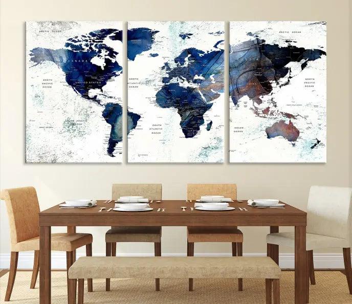 A captivating triptych titled "World Map Wall Art Canvas Print," featuring a museum-quality canvas with UV-protective coating, elegantly adorns the wall. Ready to hang, it enhances the room's sophistication.