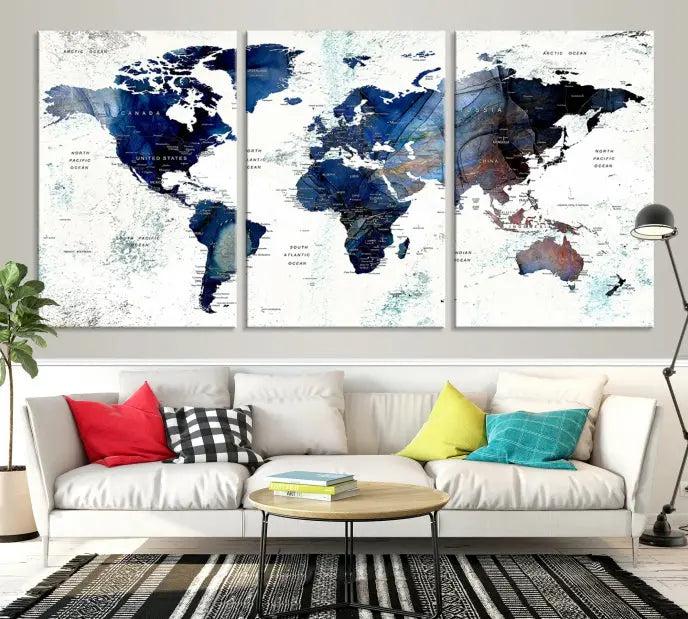 A captivating triptych titled "World Map Wall Art Canvas Print," featuring a museum-quality canvas with UV-protective coating, elegantly adorns the wall. Ready to hang, it enhances the room's sophistication.