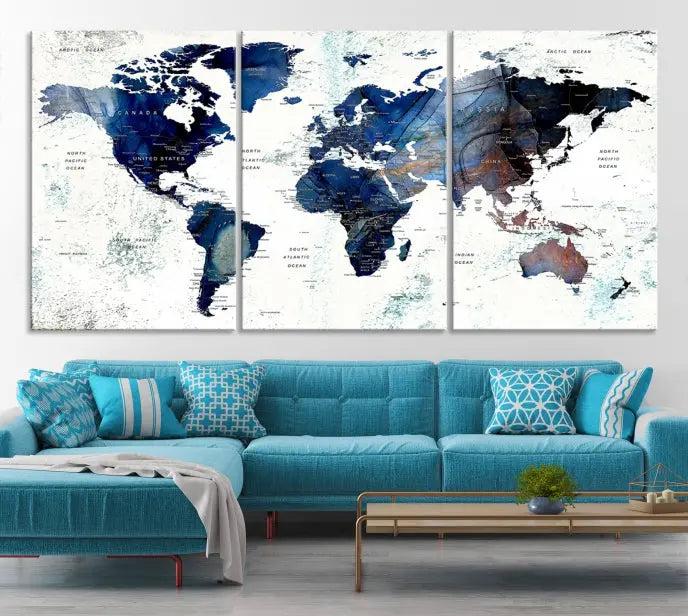 A captivating triptych titled "World Map Wall Art Canvas Print," featuring a museum-quality canvas with UV-protective coating, elegantly adorns the wall. Ready to hang, it enhances the room's sophistication.