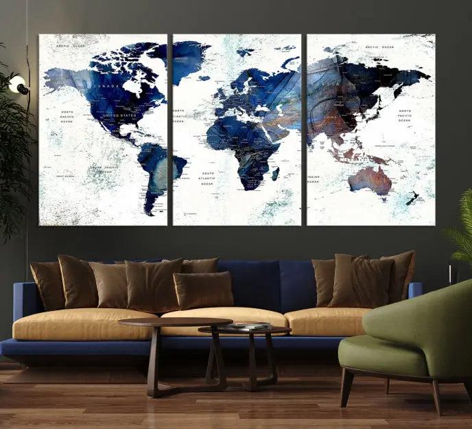 A captivating triptych titled "World Map Wall Art Canvas Print," featuring a museum-quality canvas with UV-protective coating, elegantly adorns the wall. Ready to hang, it enhances the room's sophistication.