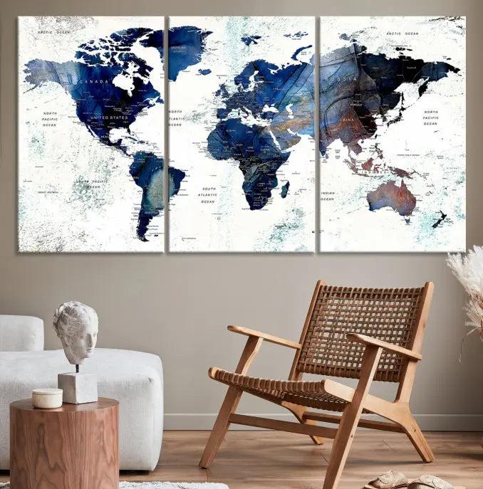 A captivating triptych titled "World Map Wall Art Canvas Print," featuring a museum-quality canvas with UV-protective coating, elegantly adorns the wall. Ready to hang, it enhances the room's sophistication.