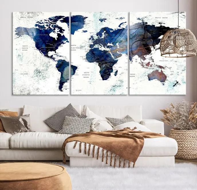 A captivating triptych titled "World Map Wall Art Canvas Print," featuring a museum-quality canvas with UV-protective coating, elegantly adorns the wall. Ready to hang, it enhances the room's sophistication.