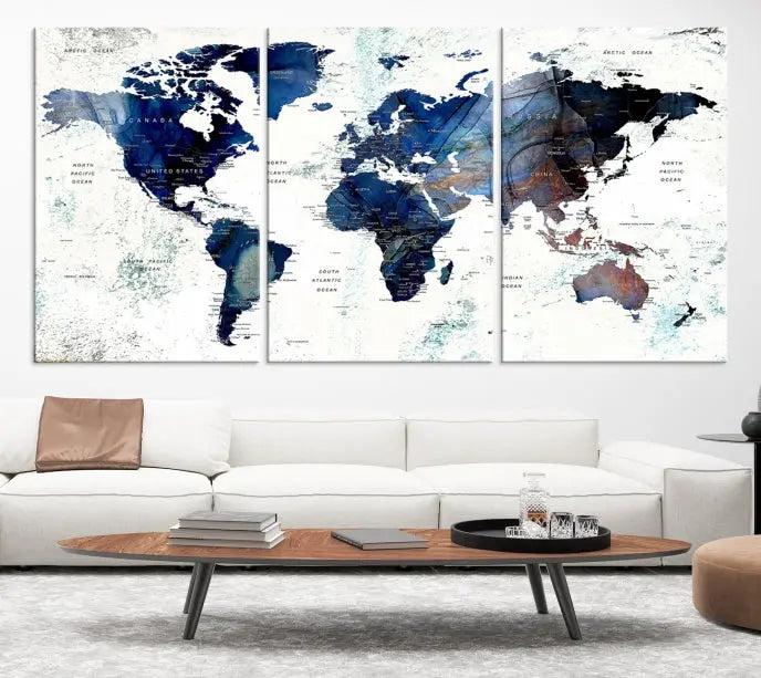 A captivating triptych titled "World Map Wall Art Canvas Print," featuring a museum-quality canvas with UV-protective coating, elegantly adorns the wall. Ready to hang, it enhances the room's sophistication.