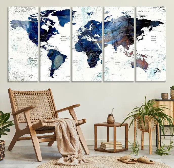 A captivating triptych titled "World Map Wall Art Canvas Print," featuring a museum-quality canvas with UV-protective coating, elegantly adorns the wall. Ready to hang, it enhances the room's sophistication.