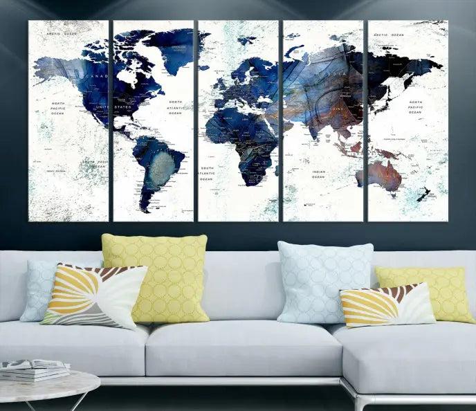 A captivating triptych titled "World Map Wall Art Canvas Print," featuring a museum-quality canvas with UV-protective coating, elegantly adorns the wall. Ready to hang, it enhances the room's sophistication.