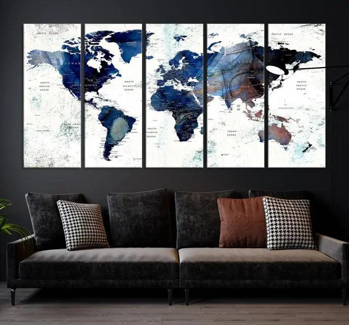 A captivating triptych titled "World Map Wall Art Canvas Print," featuring a museum-quality canvas with UV-protective coating, elegantly adorns the wall. Ready to hang, it enhances the room's sophistication.