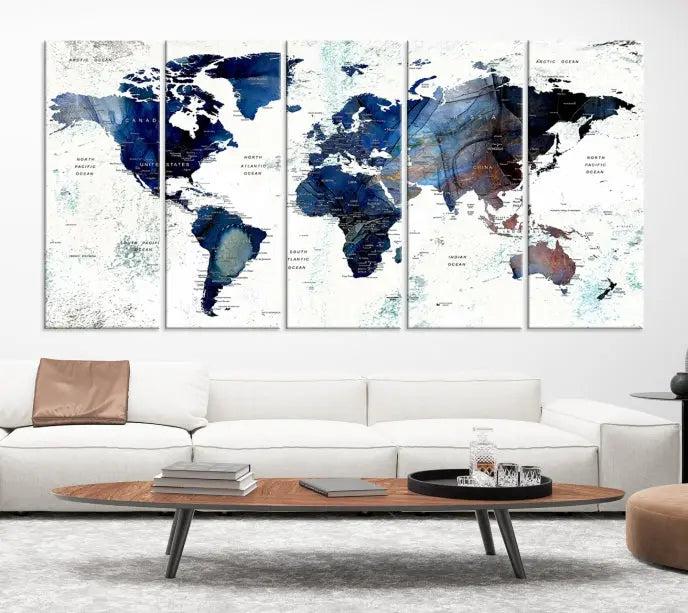 A captivating triptych titled "World Map Wall Art Canvas Print," featuring a museum-quality canvas with UV-protective coating, elegantly adorns the wall. Ready to hang, it enhances the room's sophistication.