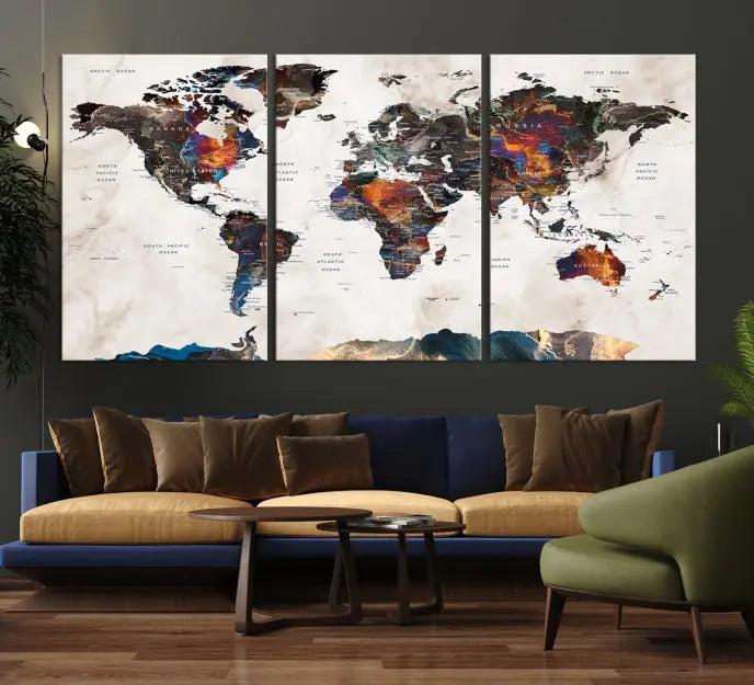 The World Map Wall Art Canvas Print elegantly adorns the wall. This artwork is crafted on museum-quality canvas with a UV-protective coating and includes free shipping for your convenience.