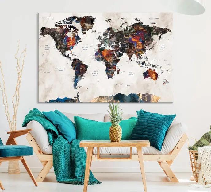 The World Map Wall Art Canvas Print elegantly adorns the wall. This artwork is crafted on museum-quality canvas with a UV-protective coating and includes free shipping for your convenience.