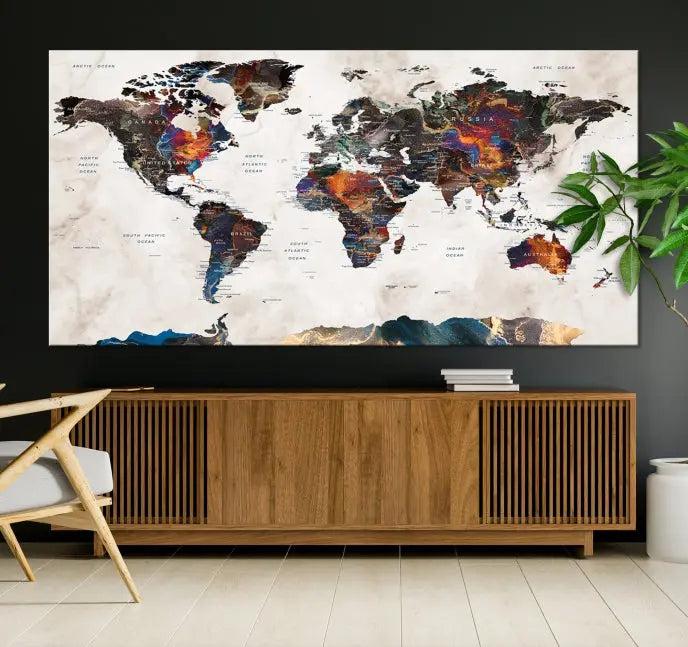 The World Map Wall Art Canvas Print elegantly adorns the wall. This artwork is crafted on museum-quality canvas with a UV-protective coating and includes free shipping for your convenience.