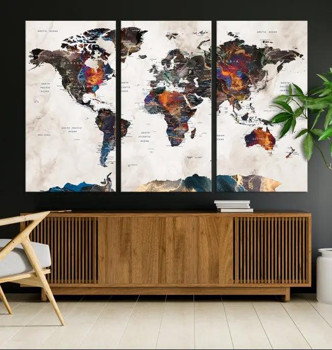 The World Map Wall Art Canvas Print elegantly adorns the wall. This artwork is crafted on museum-quality canvas with a UV-protective coating and includes free shipping for your convenience.