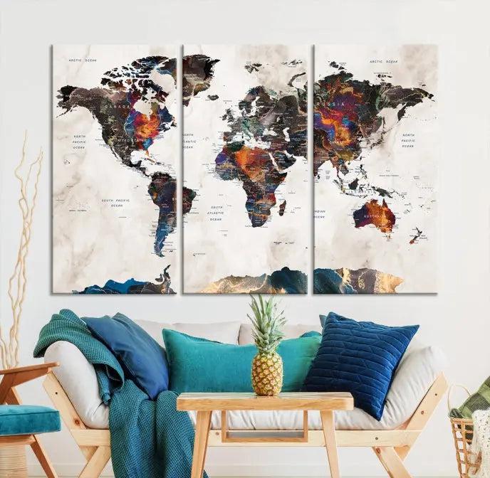 The World Map Wall Art Canvas Print elegantly adorns the wall. This artwork is crafted on museum-quality canvas with a UV-protective coating and includes free shipping for your convenience.