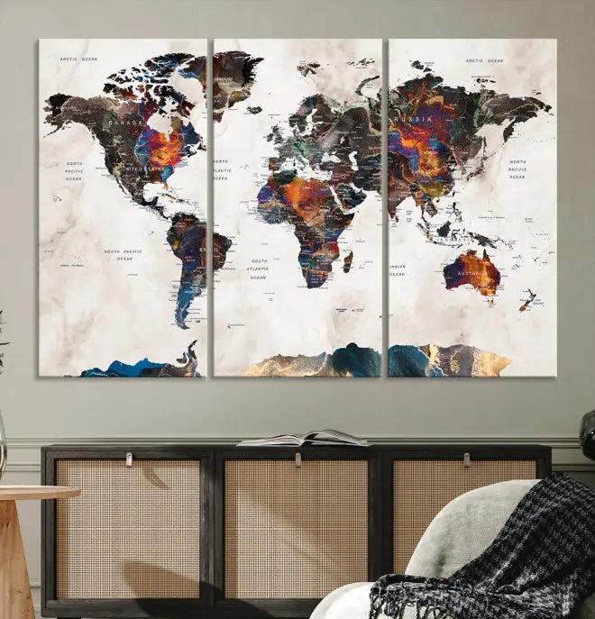 The World Map Wall Art Canvas Print elegantly adorns the wall. This artwork is crafted on museum-quality canvas with a UV-protective coating and includes free shipping for your convenience.