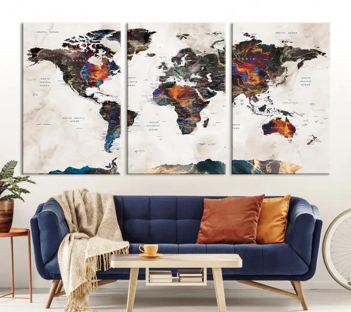 The World Map Wall Art Canvas Print elegantly adorns the wall. This artwork is crafted on museum-quality canvas with a UV-protective coating and includes free shipping for your convenience.