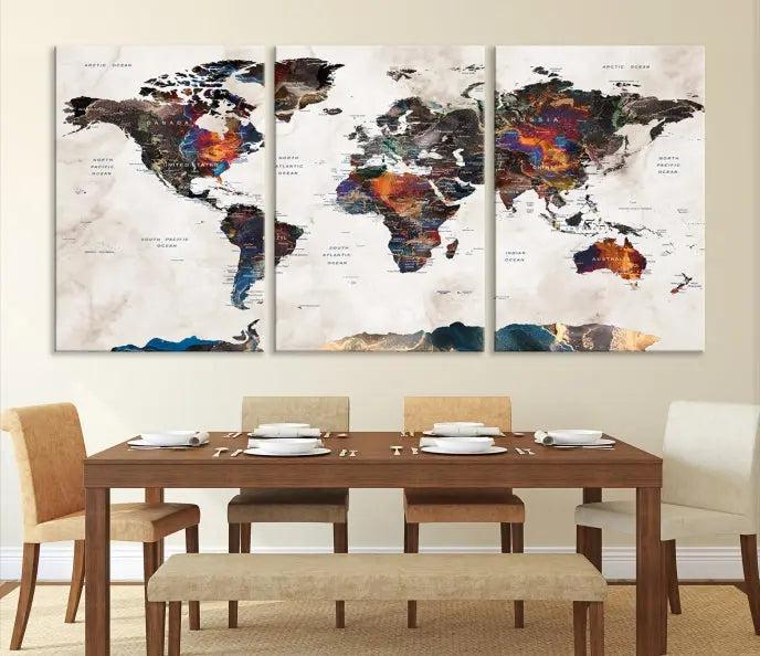 The World Map Wall Art Canvas Print elegantly adorns the wall. This artwork is crafted on museum-quality canvas with a UV-protective coating and includes free shipping for your convenience.