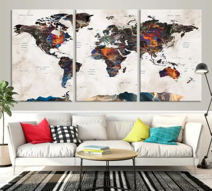 The World Map Wall Art Canvas Print elegantly adorns the wall. This artwork is crafted on museum-quality canvas with a UV-protective coating and includes free shipping for your convenience.