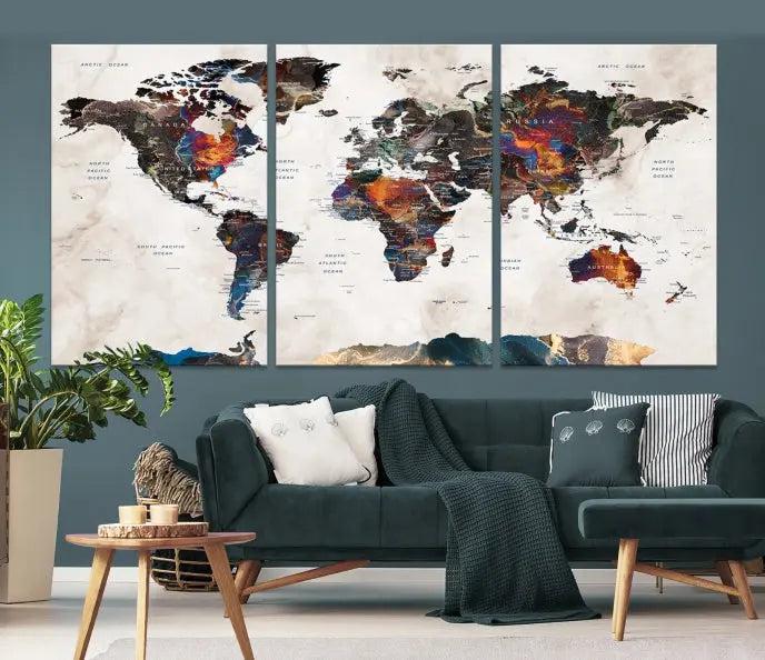 The World Map Wall Art Canvas Print elegantly adorns the wall. This artwork is crafted on museum-quality canvas with a UV-protective coating and includes free shipping for your convenience.