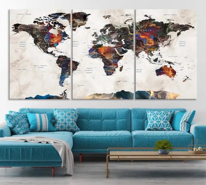 The World Map Wall Art Canvas Print elegantly adorns the wall. This artwork is crafted on museum-quality canvas with a UV-protective coating and includes free shipping for your convenience.