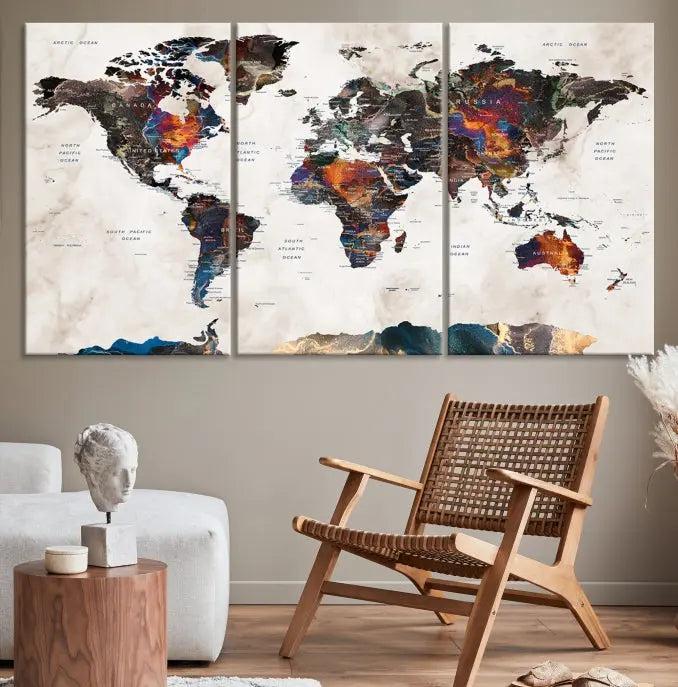 The World Map Wall Art Canvas Print elegantly adorns the wall. This artwork is crafted on museum-quality canvas with a UV-protective coating and includes free shipping for your convenience.