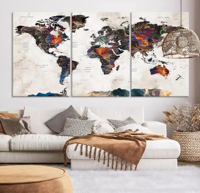 The World Map Wall Art Canvas Print elegantly adorns the wall. This artwork is crafted on museum-quality canvas with a UV-protective coating and includes free shipping for your convenience.