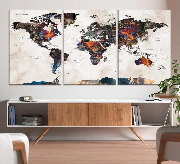 The World Map Wall Art Canvas Print elegantly adorns the wall. This artwork is crafted on museum-quality canvas with a UV-protective coating and includes free shipping for your convenience.